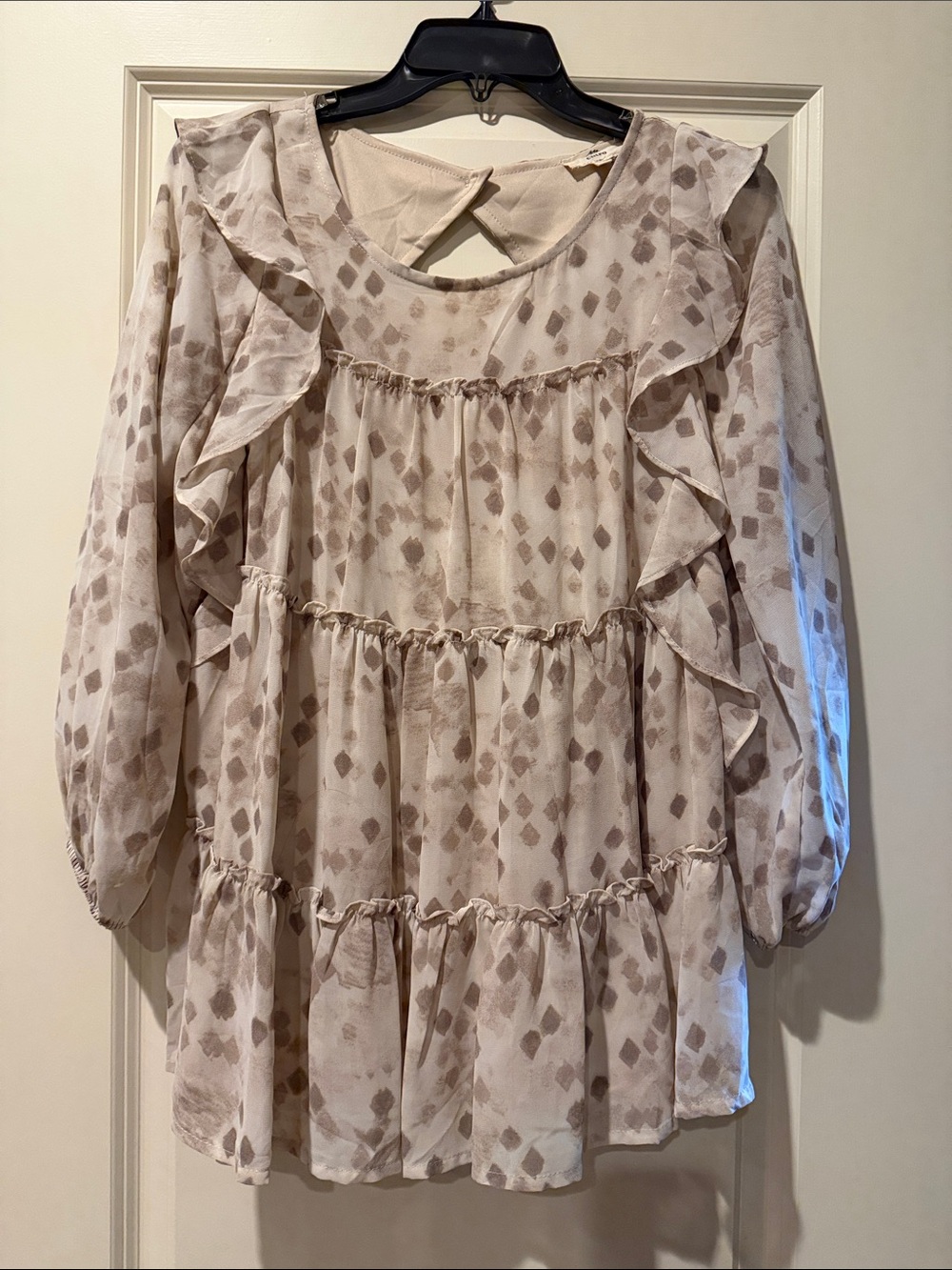 entro Beige Printed Tiered Ruffle Long-Sleeve Tunic